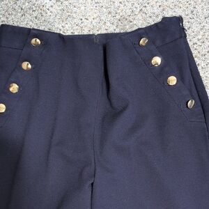 High-Waist Navy Pants with Gold Button Detail